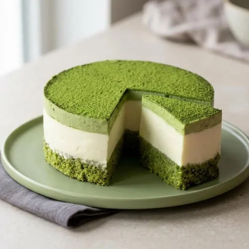 Slices of layered Matcha White Chocolate Mousse Cake with a velvety green matcha layer and creamy white chocolate filling.