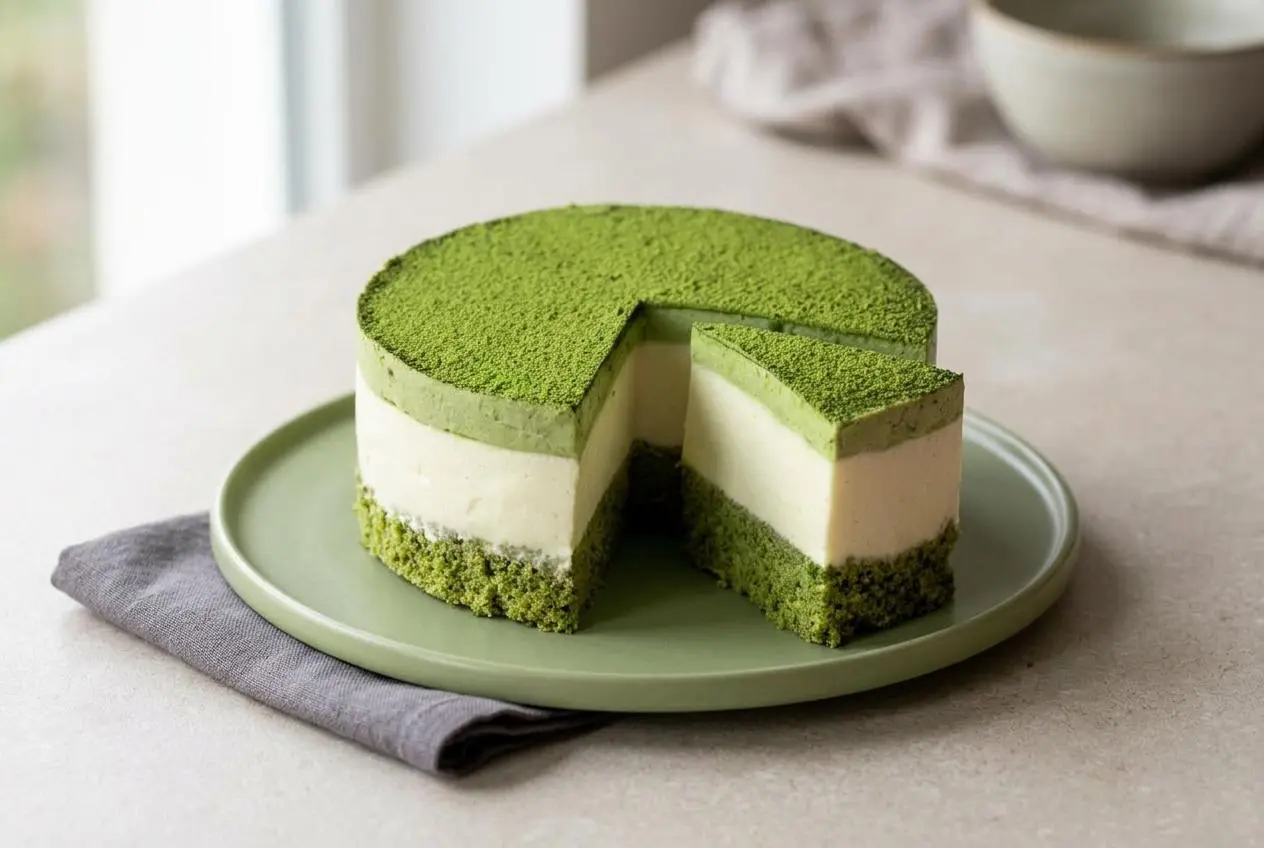 Slices of layered Matcha White Chocolate Mousse Cake with a velvety green matcha layer and creamy white chocolate filling.