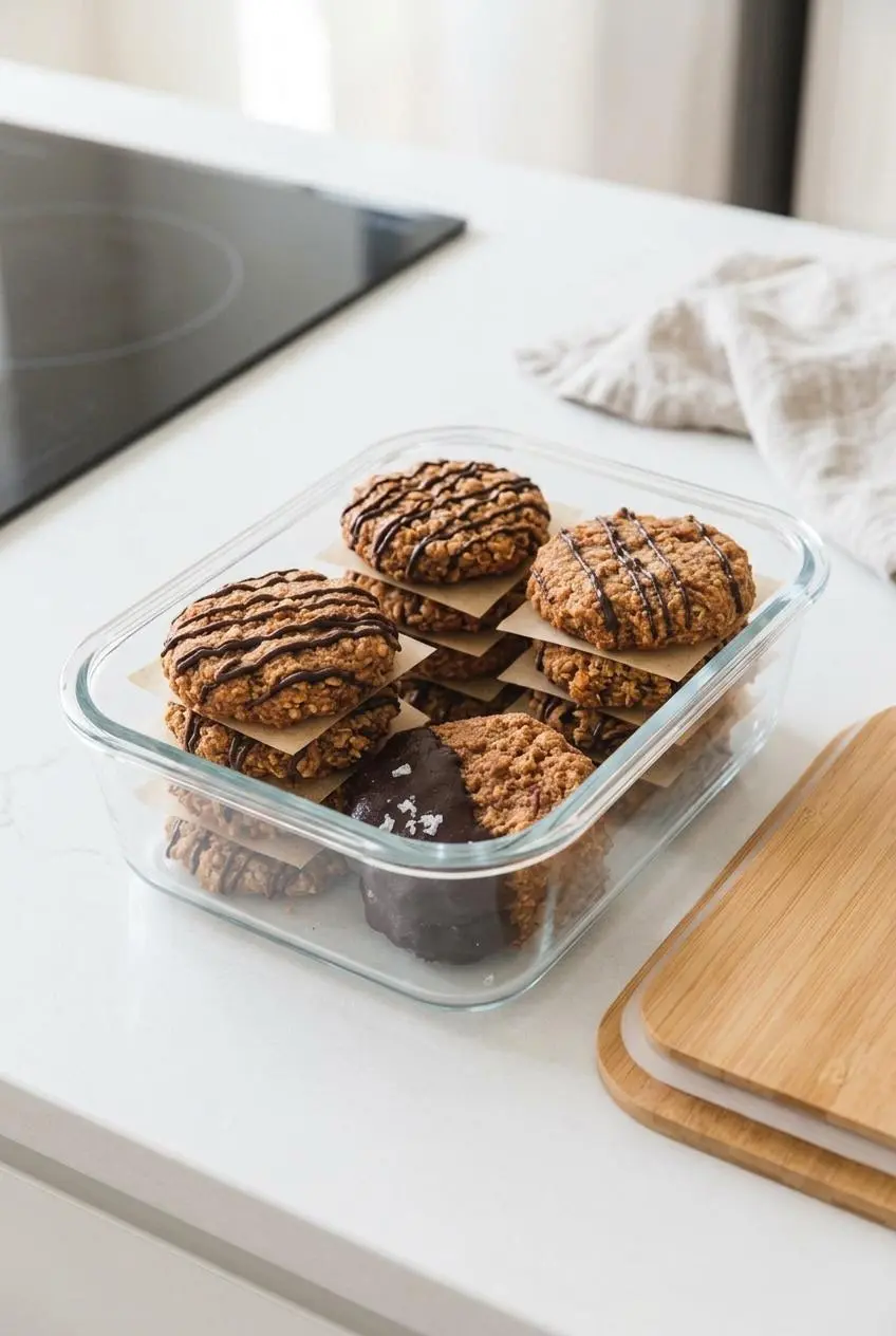 Oatmeal breakfast cookies stacked inside a glass meal prep container with parchment paper dividers.