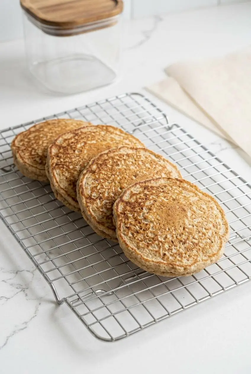 Golden-brown oatmeal pancakes cooling in a single layer on a wire rack over a kitchen counter.