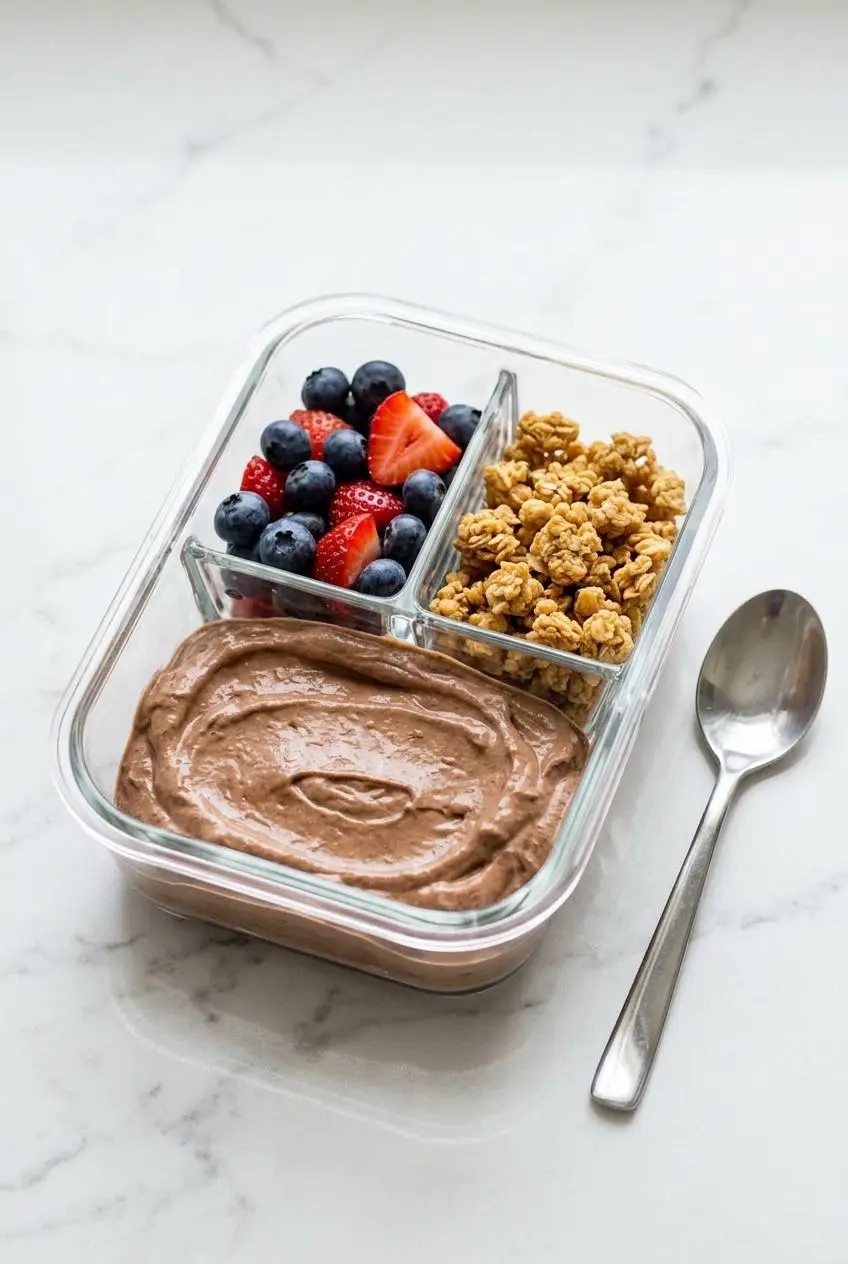 A three-compartment glass meal prep container separating chocolate protein yogurt, fresh berries, and dry oat granola.