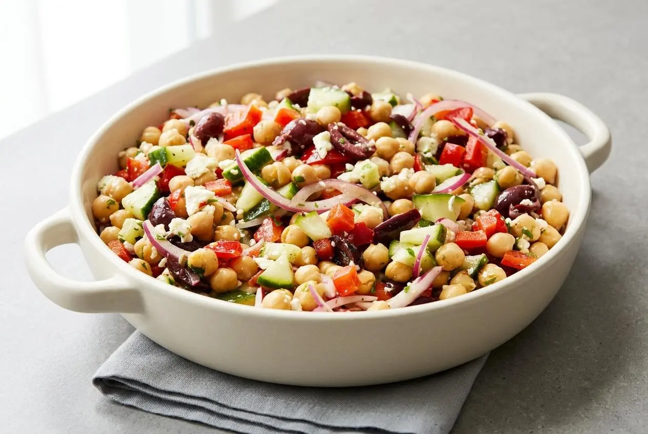 Mediterranean chickpea salad in a bowl with crisp cucumbers, chunky feta, and Kalamata olives coated in a cloudy vinaigrette.
