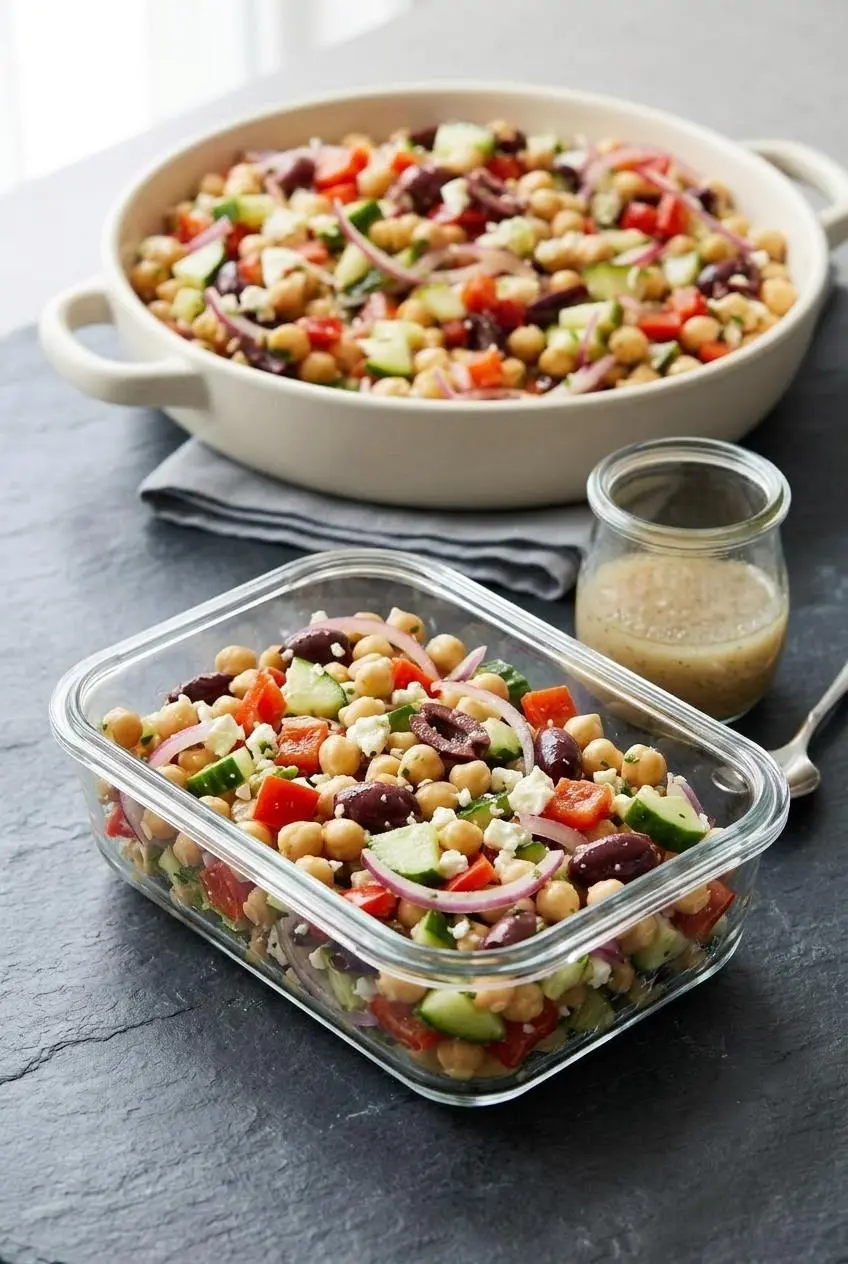 Meal prep glass container filled with fresh chickpea salad next to a small sealed jar of cloudy lemon vinaigrette.