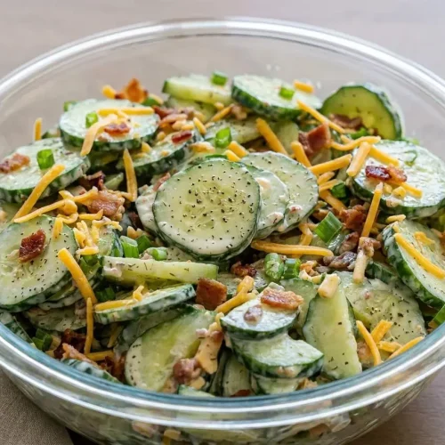 Million Dollar Cucumber Salad in a serving bowl with crisp cucumbers, creamy ranch, cheddar, and bacon.