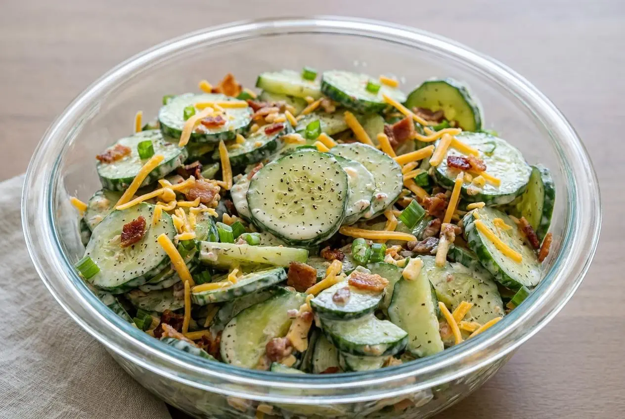 Million Dollar Cucumber Salad in a serving bowl with crisp cucumbers, creamy ranch, cheddar, and bacon.