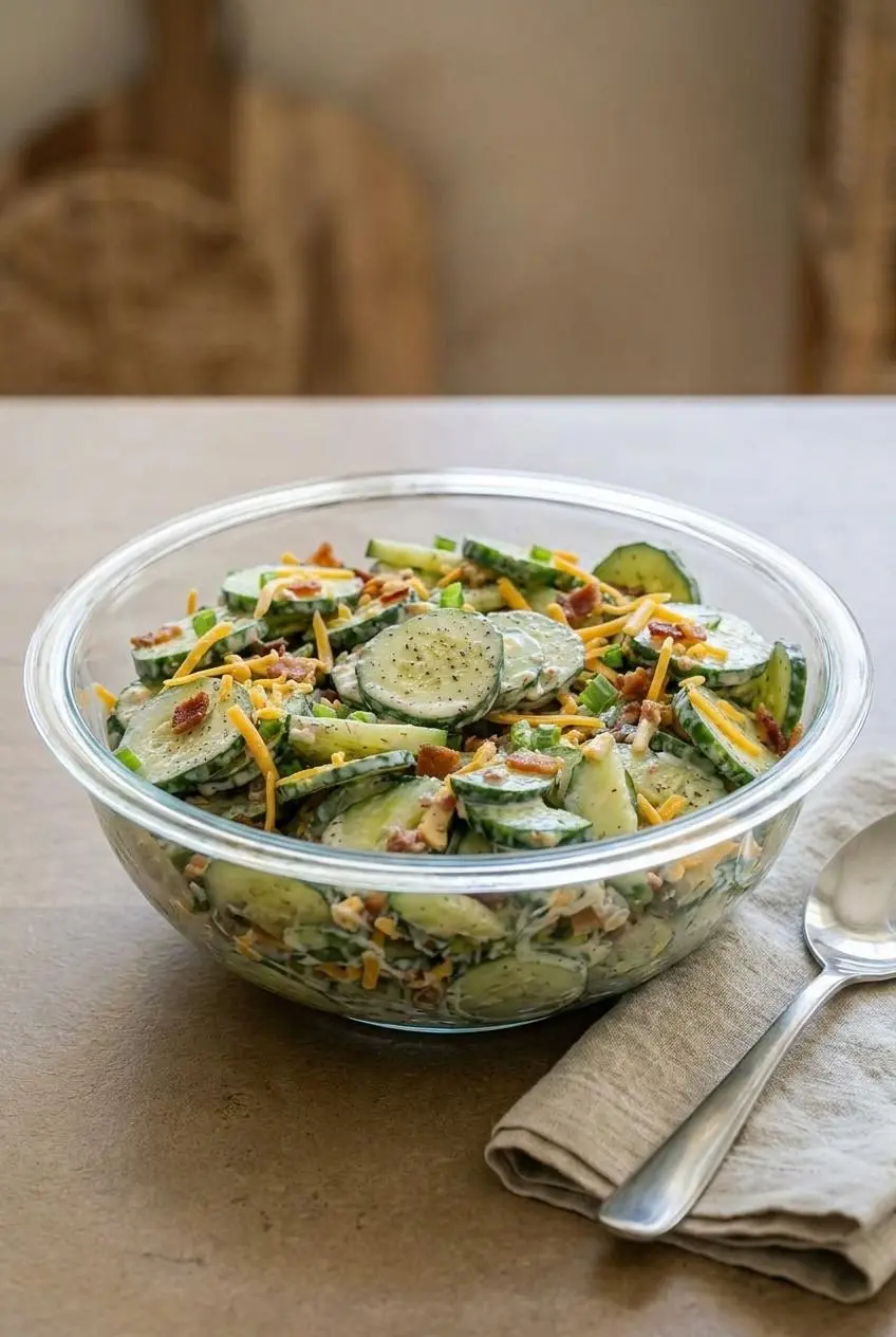 A bowl of fresh Million Dollar Cucumber Salad served on a stone table with a linen napkin and spoon.