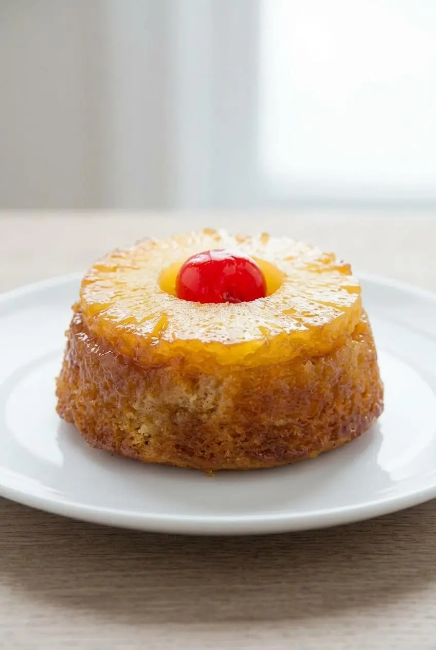 Close-up of a single mini pineapple upside down cake showing bubbling caramel glaze along the edges.