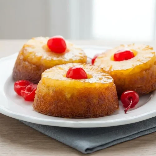 A mini pineapple upside down cake with a caramelized pineapple ring, cherry center, and golden glaze.
