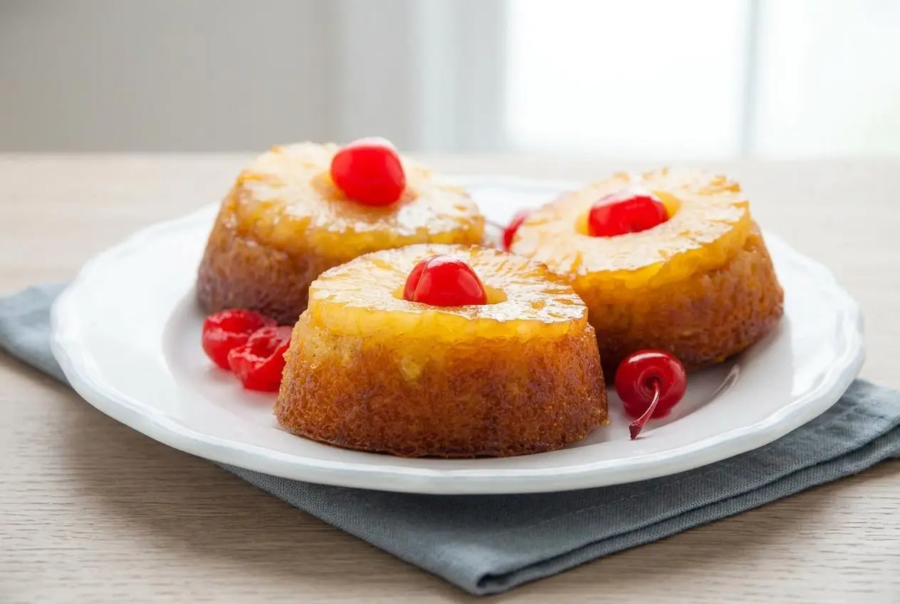 A mini pineapple upside down cake with a caramelized pineapple ring, cherry center, and golden glaze.