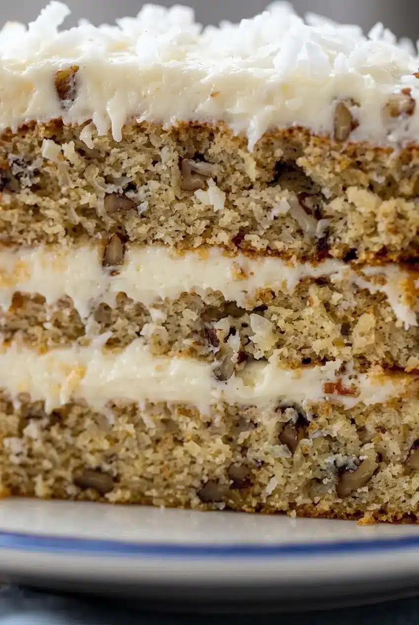 Close-up of a cut slice of Italian cream cake highlighting the moist texture, shredded coconut, and pecans.