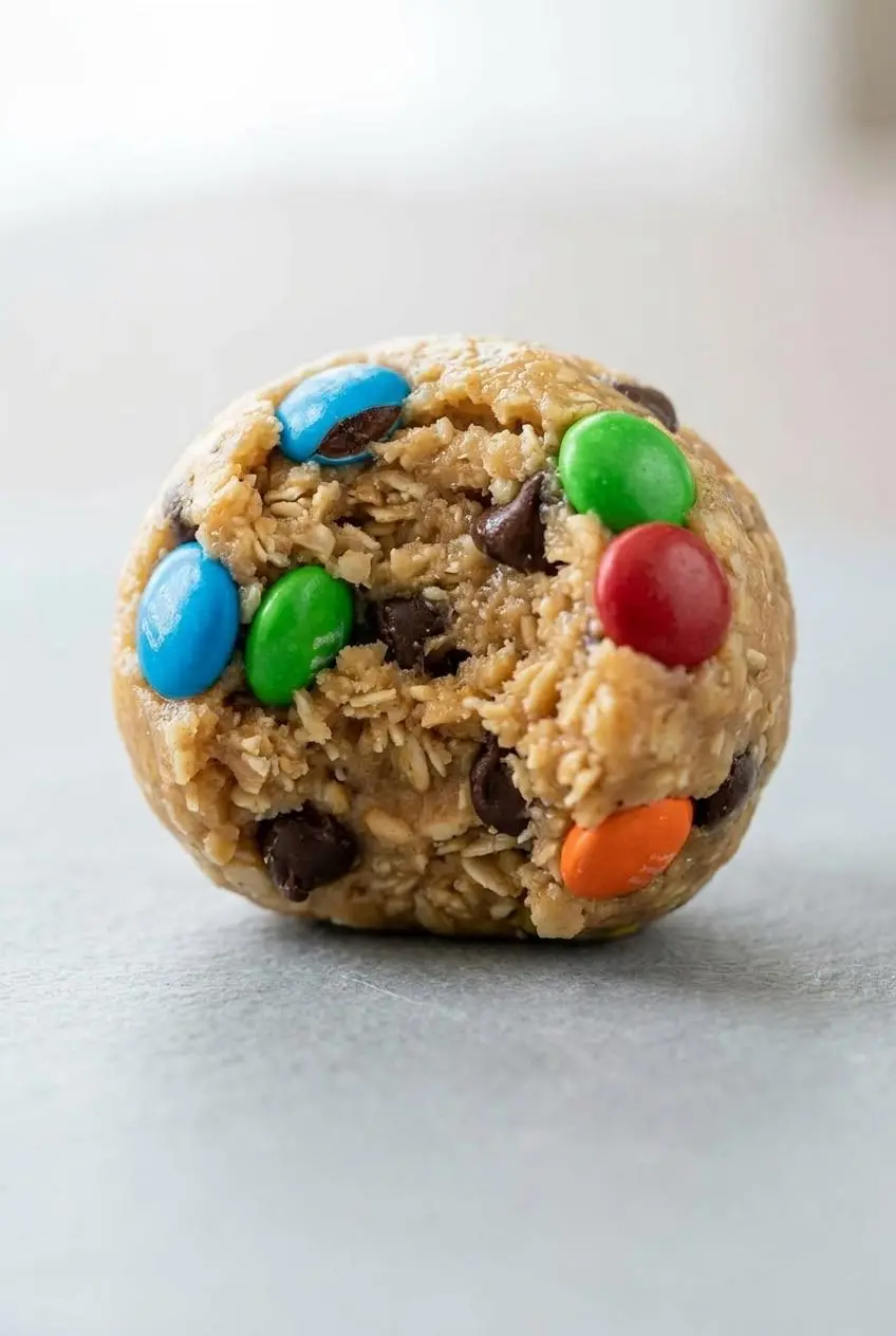 A close-up of a broken monster energy ball showing a soft, cookie-dough-like texture filled with mini chocolate candies.