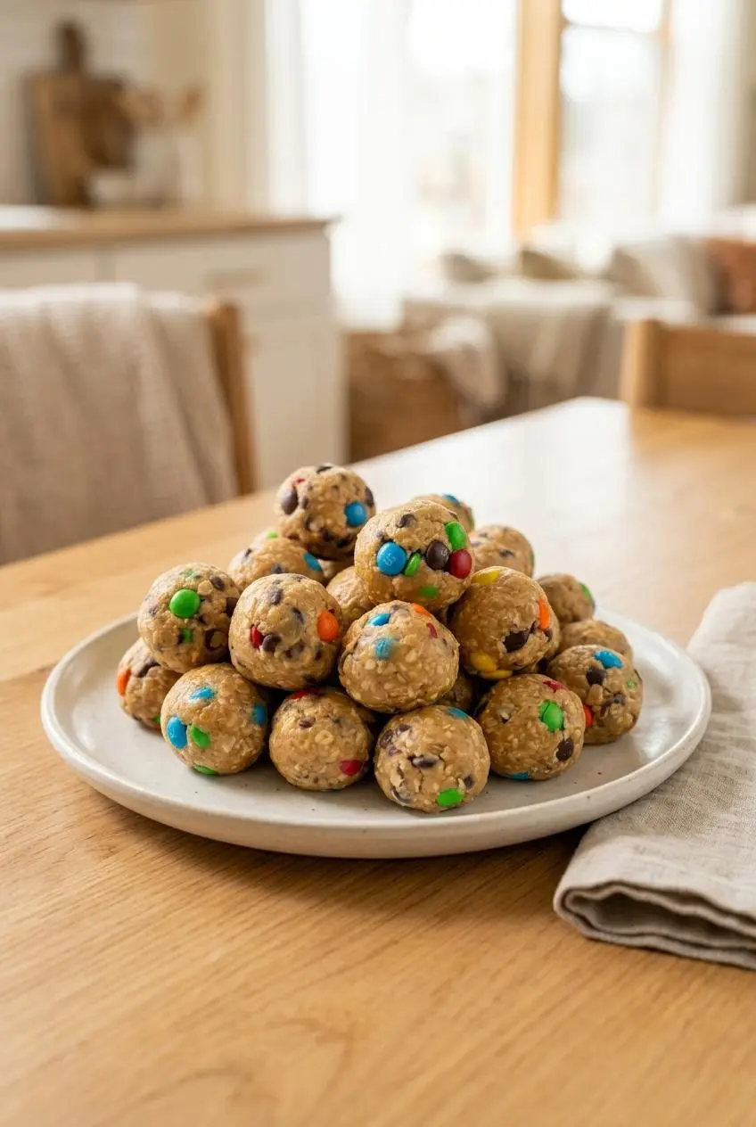 Several colorful monster energy balls arranged on a light-colored ceramic plate on a sunny kitchen table.