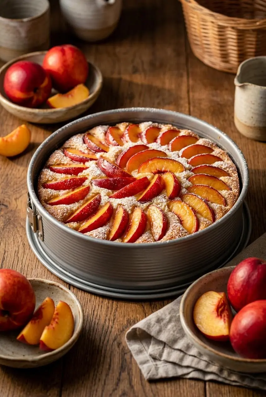 A round nectarine cake in a springform pan on a rustic wooden table with fresh whole nectarines.