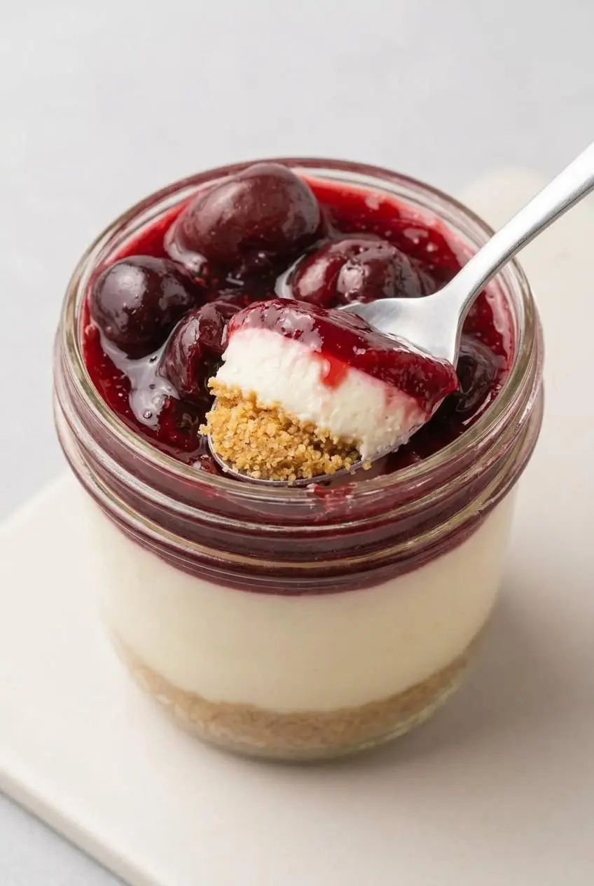 A spoon scooping through thick cherry topping, smooth white filling, and a packed graham cracker crust.