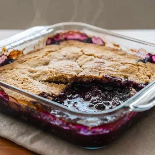 Deep-dish North Carolina sonker with bubbling blueberries and a golden-brown cinnamon cake crust.