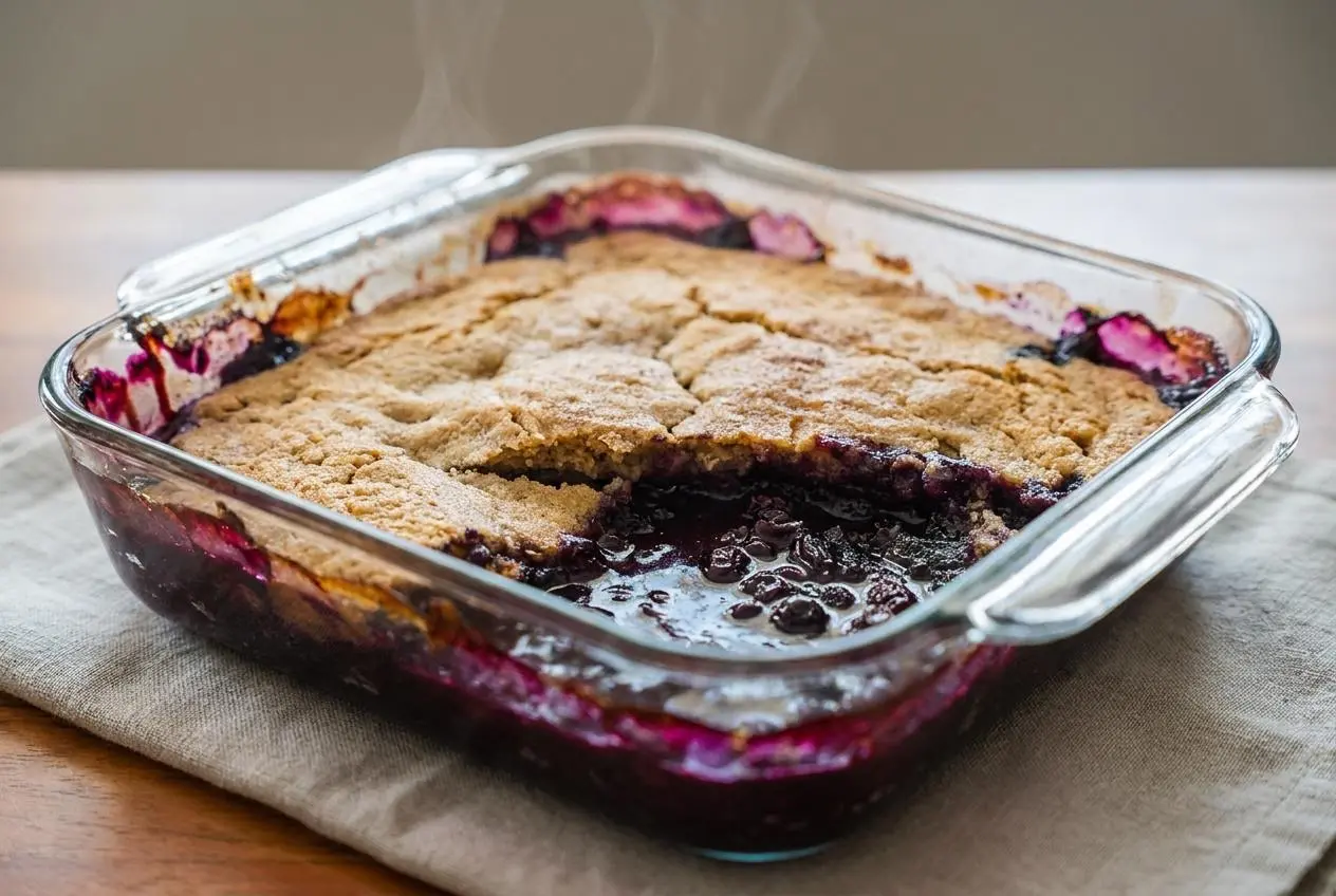 Deep-dish North Carolina sonker with bubbling blueberries and a golden-brown cinnamon cake crust.