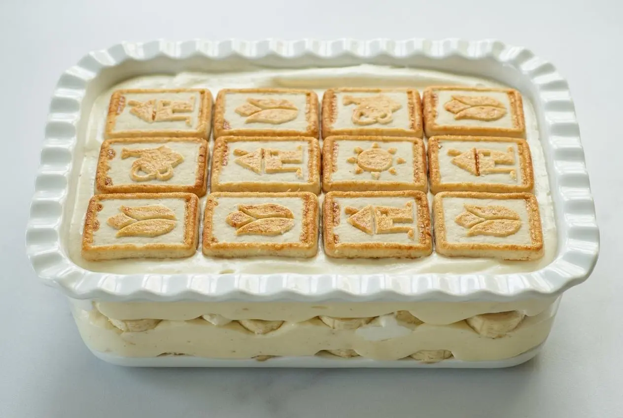 Not Yo Mama's Banana Pudding in a glass dish topped with rows of golden Chessmen cookies.