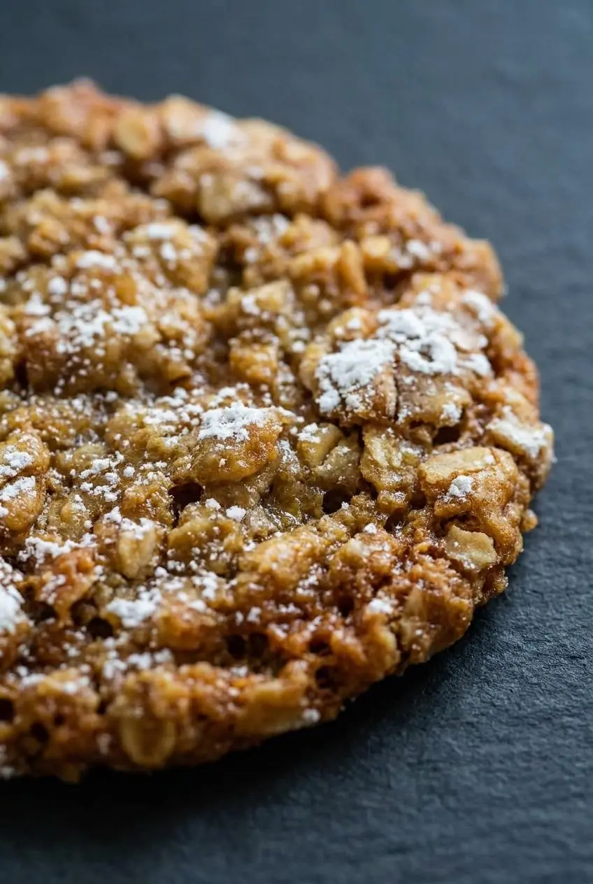Macro close-up of an oatmeal crackle cookie showing cracked powdered sugar coating over baked oat flakes.