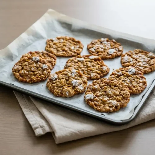 Freshly baked oatmeal crackle cookies with bright powdered sugar tops and golden brown crisp edges.
