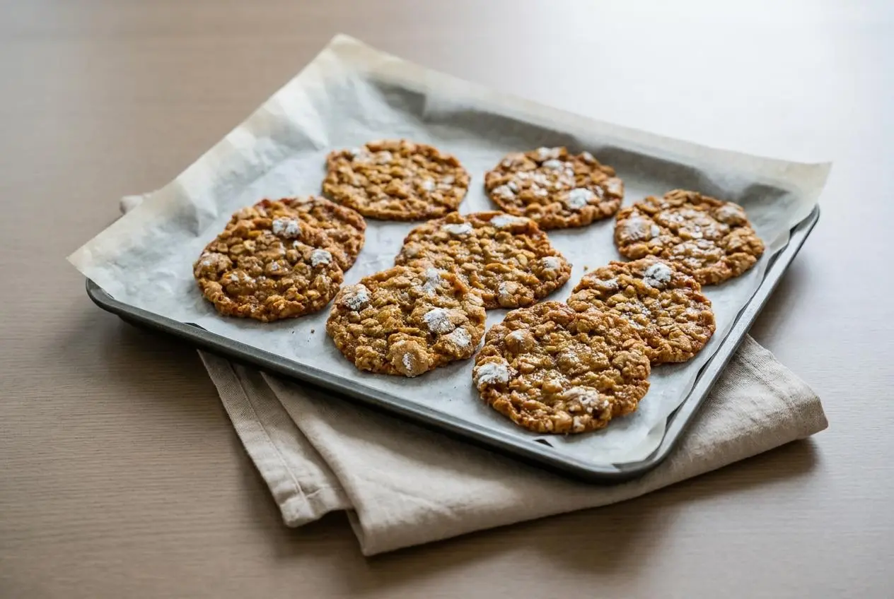 Freshly baked oatmeal crackle cookies with bright powdered sugar tops and golden brown crisp edges.
