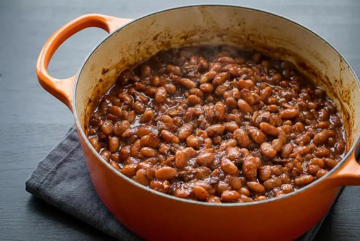 Old fashioned baked beans in a Dutch oven topped with crispy bacon and a thick molasses glaze.