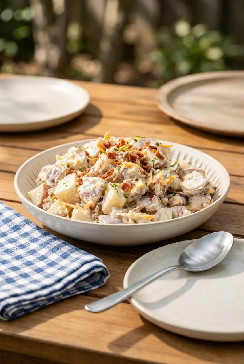 Bowl of bacon and cheddar potato salad on a wooden outdoor table with a gingham napkin and ceramic plate.