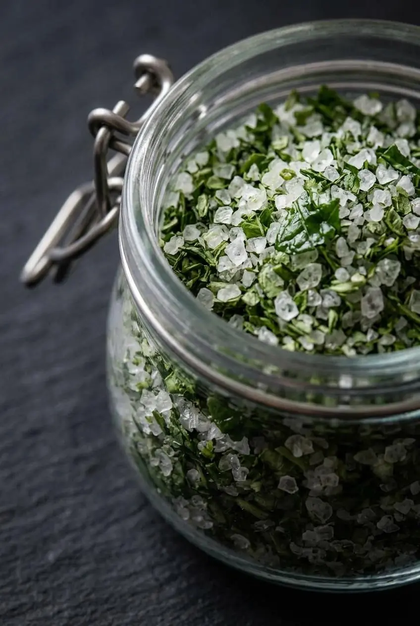 Close-up of baked basil salt showing a loose, clump-free crystalline texture with vibrant green herbal flecks.