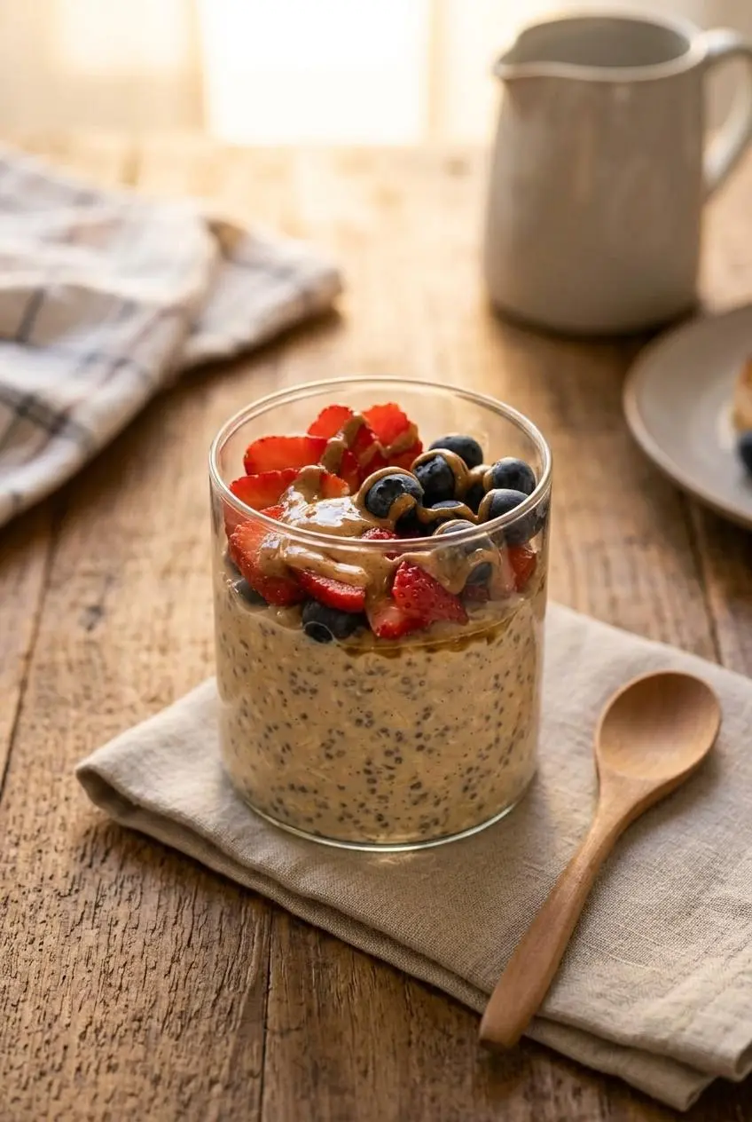 An open jar of chilled oats topped with sliced strawberries, blueberries, and a glossy drizzle of nut butter on a wooden table.