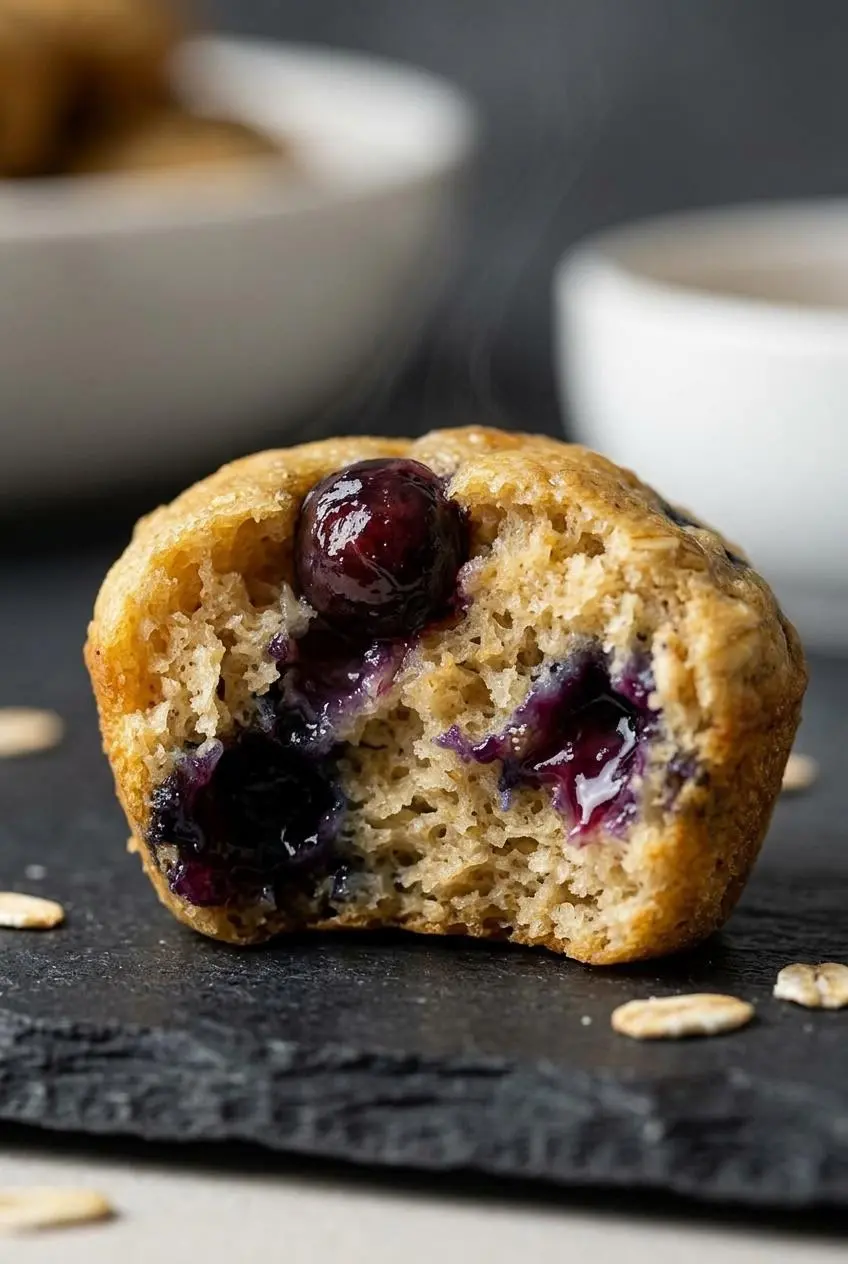 Close-up of a fluffy blueberry pancake popper torn in half to show the airy crumb structure.