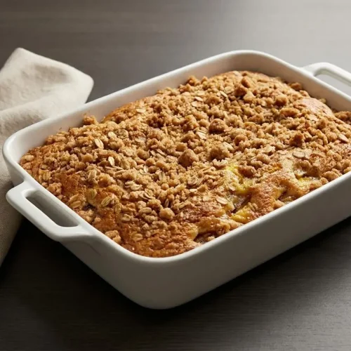 Golden pantry crumb cake topped with a thick, crisp cinnamon oat streusel layer.