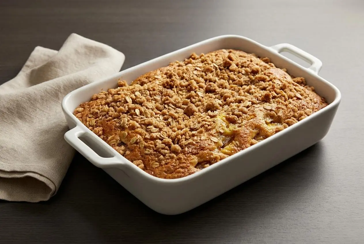 Golden pantry crumb cake topped with a thick, crisp cinnamon oat streusel layer.