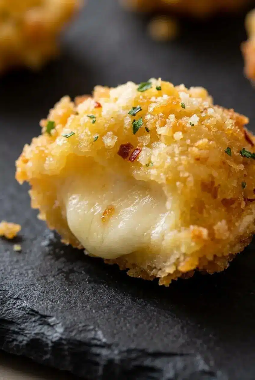 Close-up cross section of a crunchy fried tortellini bite showing melted three-cheese filling and panko crust.