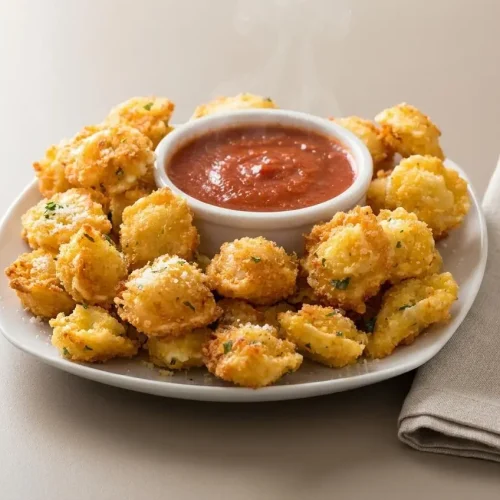 Golden crispy Parmesan Tortellini Bites stacked on a serving plate with tender cheese-filled centers.