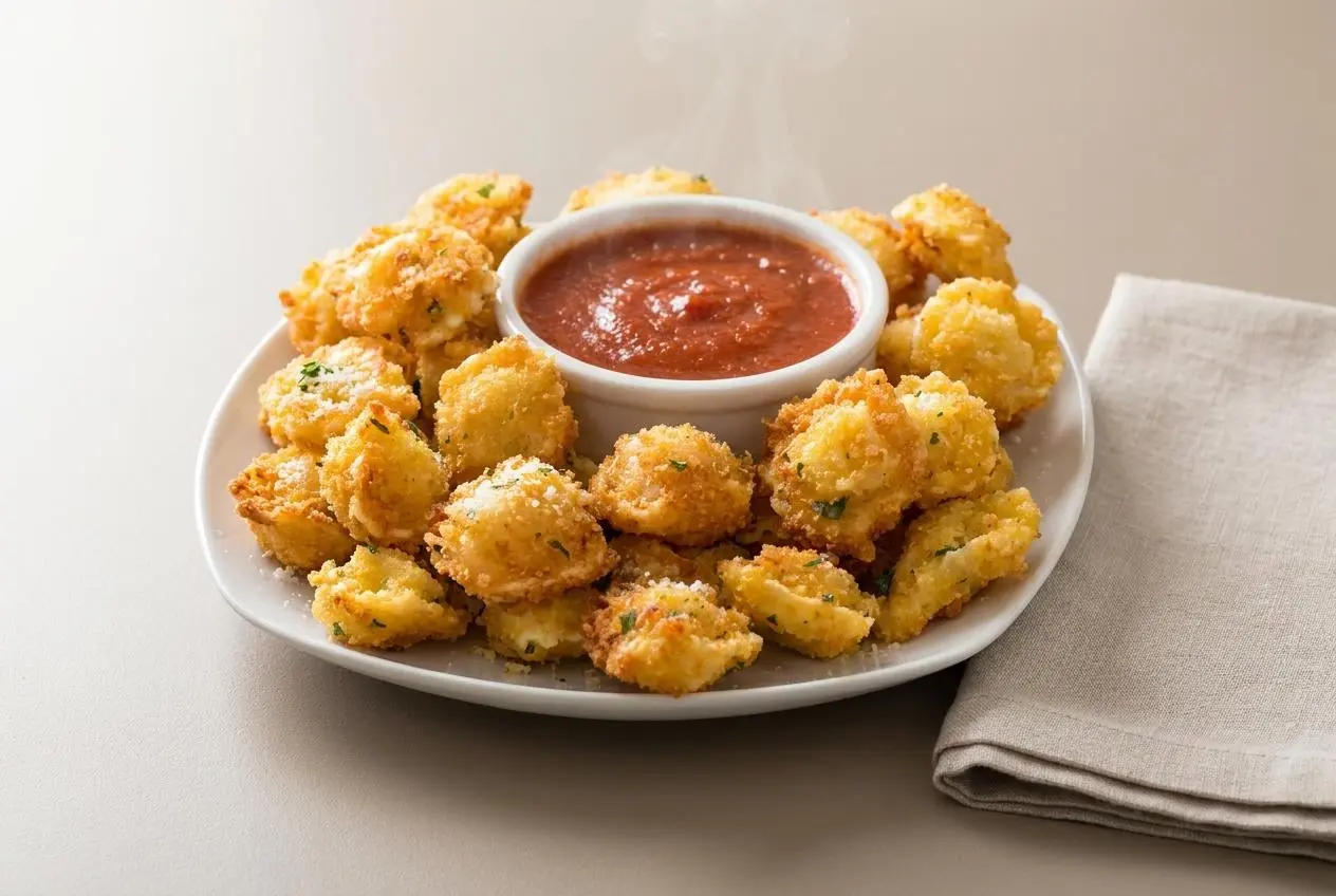Golden crispy Parmesan Tortellini Bites stacked on a serving plate with tender cheese-filled centers.