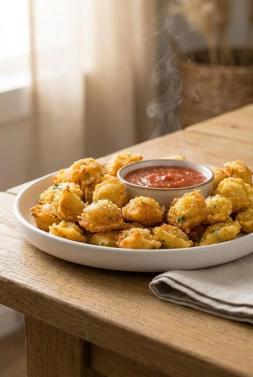 Platter of crispy Parmesan Tortellini Bites surrounding a small bowl of red marinara sauce for dipping.