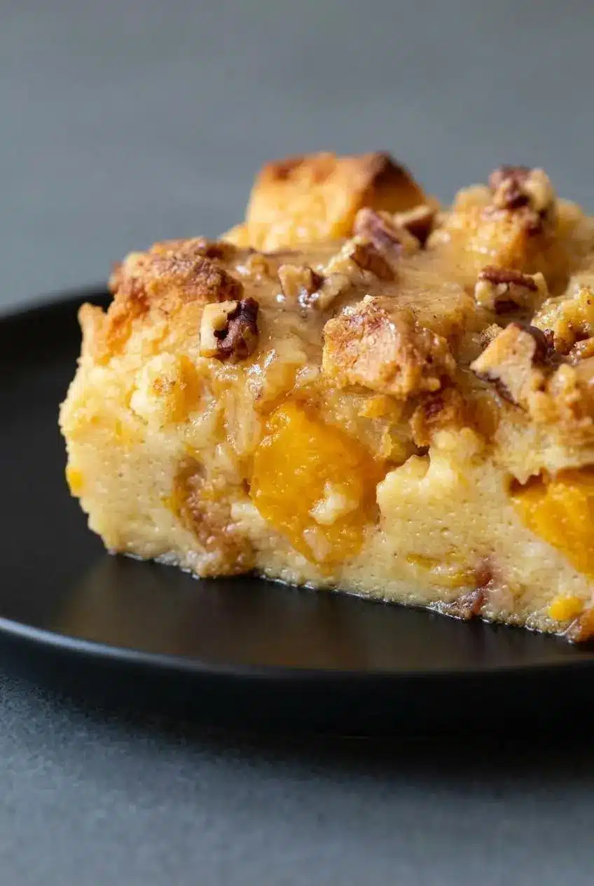 Close-up cross section of a scoop of peach bread pudding showing the moist custard interior and soft bread.