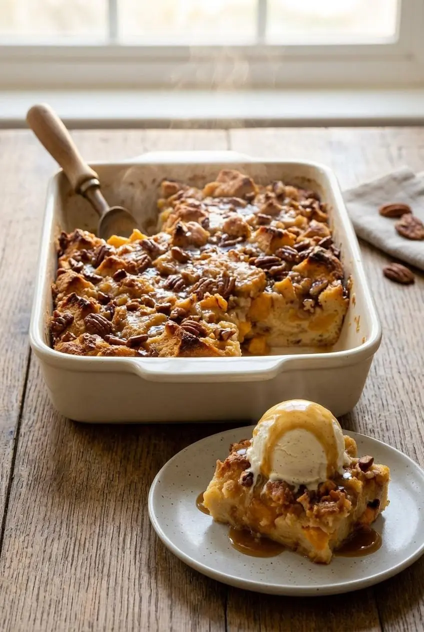 A slice of warm peach bread pudding served with a scoop of melting vanilla ice cream and rich caramel sauce.