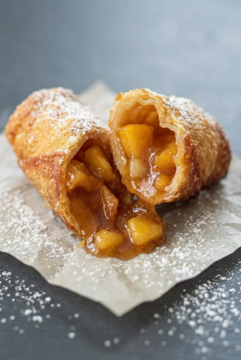 A fried peach cobbler egg roll sliced diagonally on greaseproof paper, showing thick spiced peach filling.