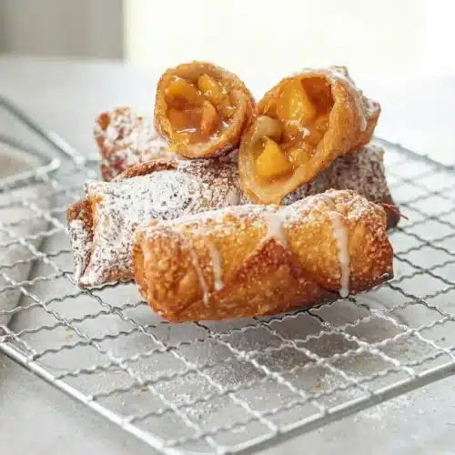 Golden-brown peach cobbler egg rolls dusted with powdered sugar, showcasing a crispy blistered shell.