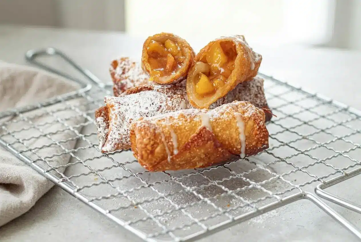 Golden-brown peach cobbler egg rolls dusted with powdered sugar, showcasing a crispy blistered shell.