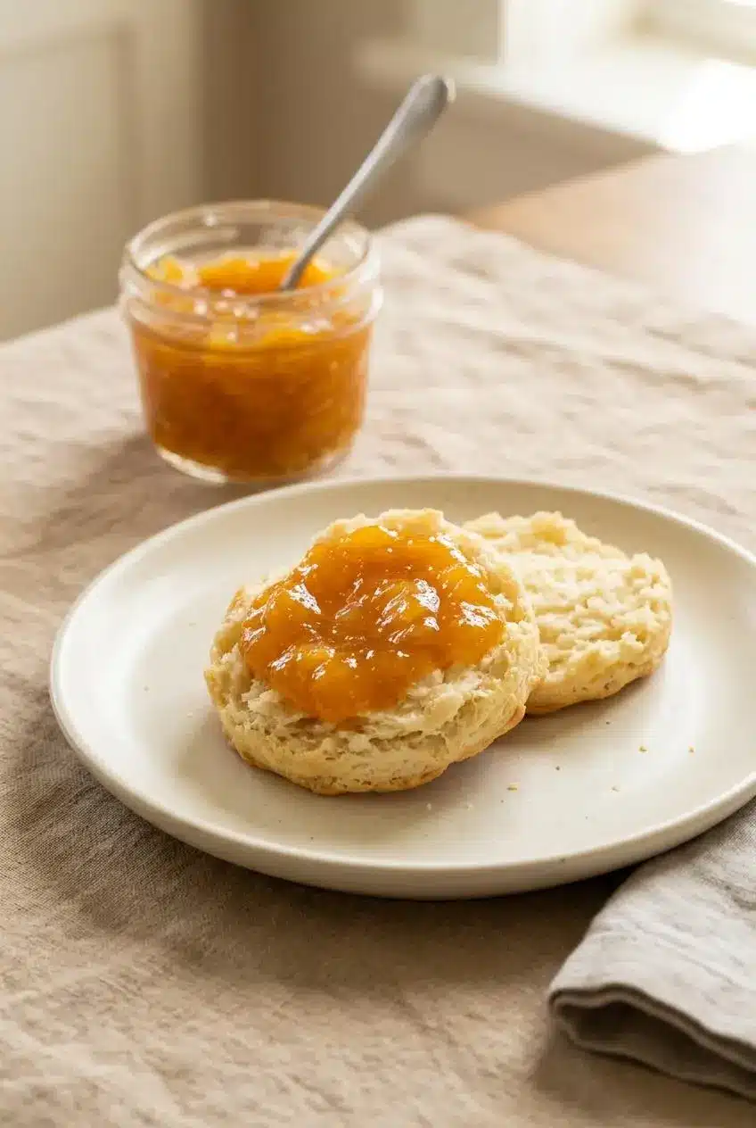 A spoonful of glossy peach jam spread over a warm, split buttermilk biscuit on a ceramic plate.