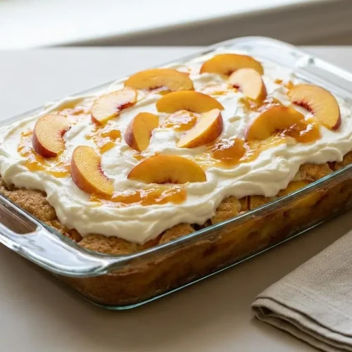 Slice of tender Peaches and Cream Granny Cake with glossy peach glaze and whipped cream cheese frosting.