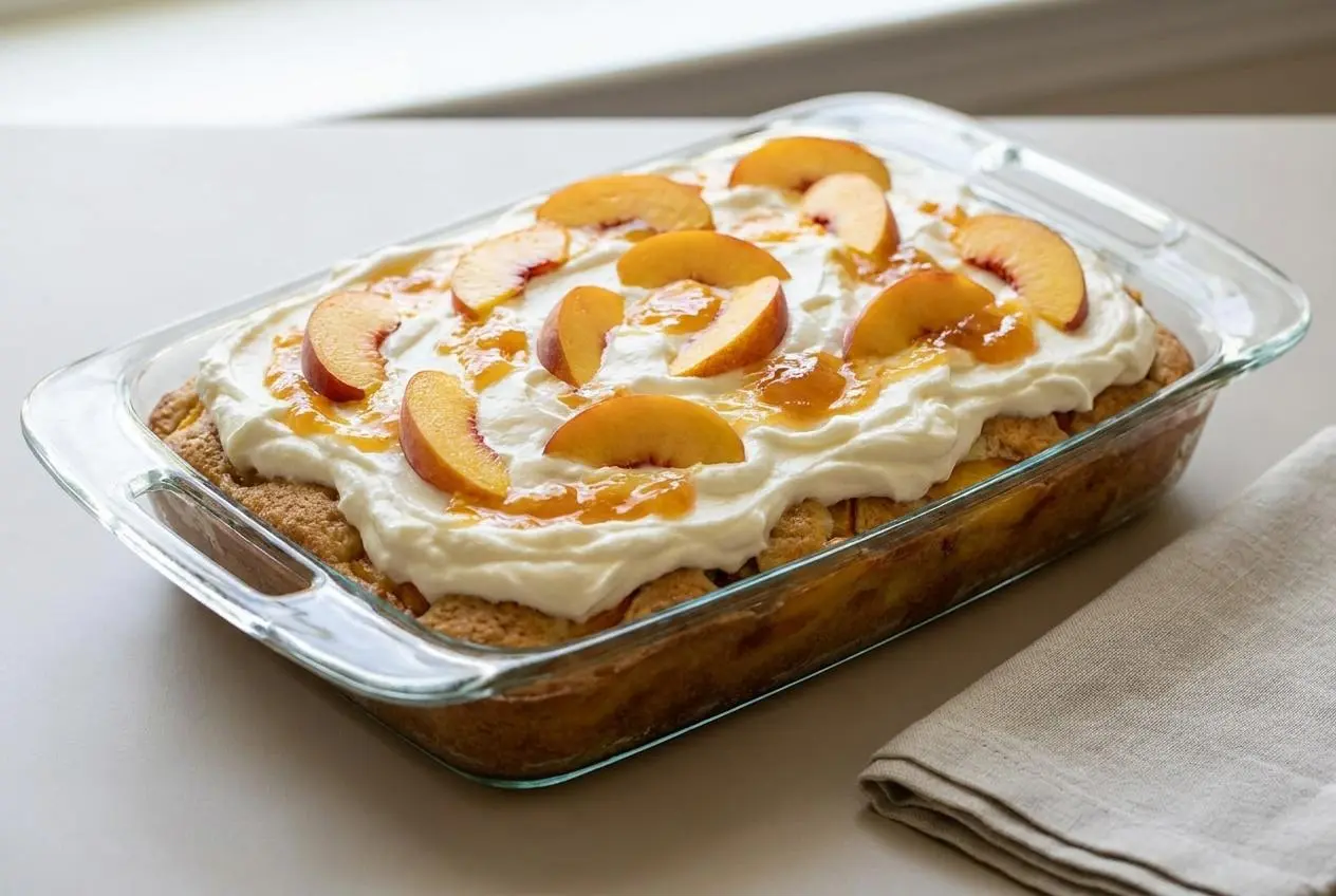 Slice of tender Peaches and Cream Granny Cake with glossy peach glaze and whipped cream cheese frosting.