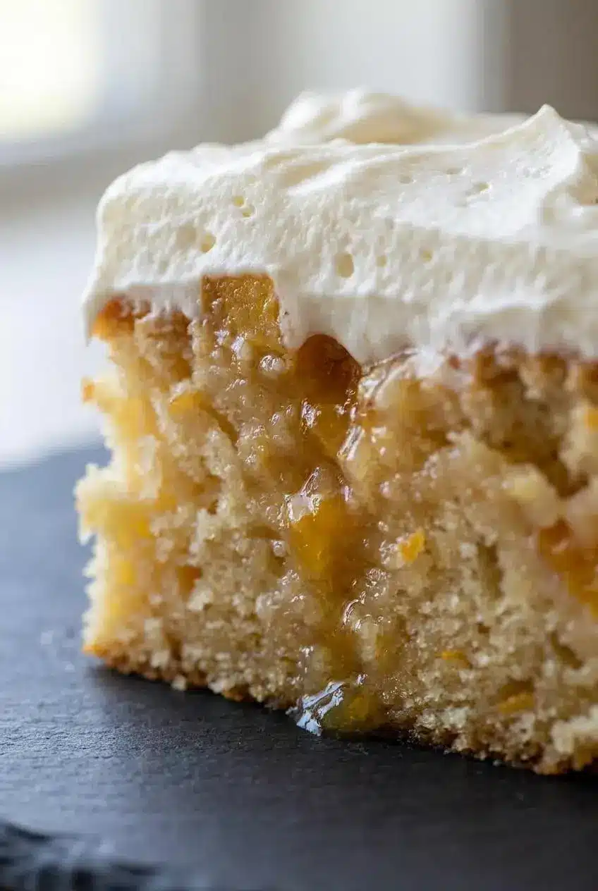 Macro close-up showing the tender crumb, glossy peach preserves glaze, and fluffy whipped cream cheese frosting.