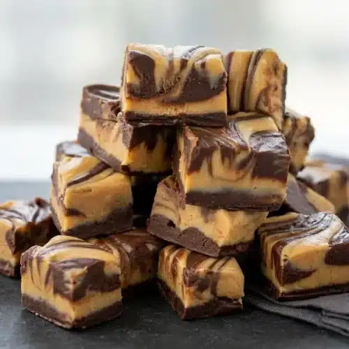 Peanut butter cup cheesecake fudge squares with a marbled chocolate and peanut butter swirl pattern.