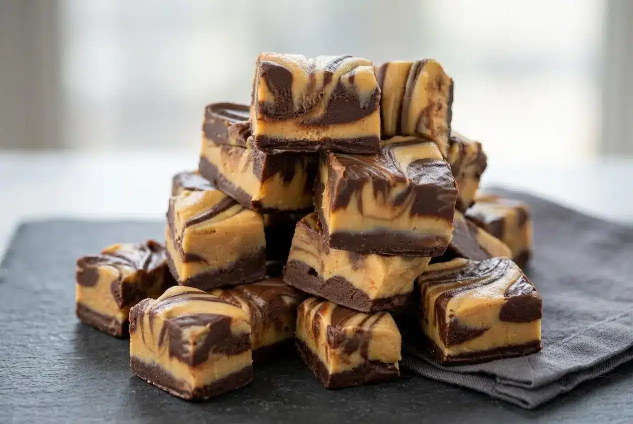 Peanut butter cup cheesecake fudge squares with a marbled chocolate and peanut butter swirl pattern.