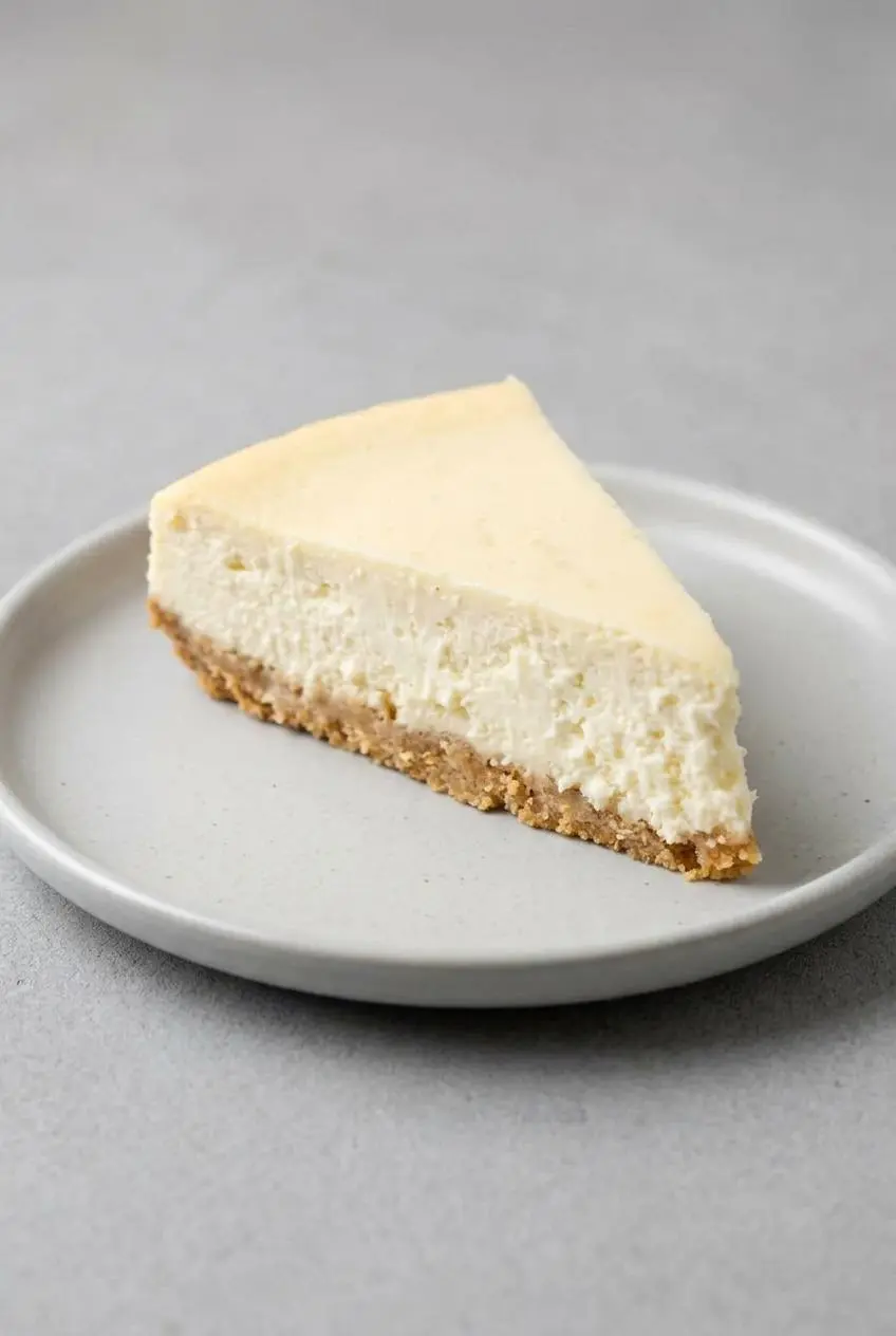 A close-up of a dense and creamy vanilla cheesecake slice showing its smooth interior on a plate.
