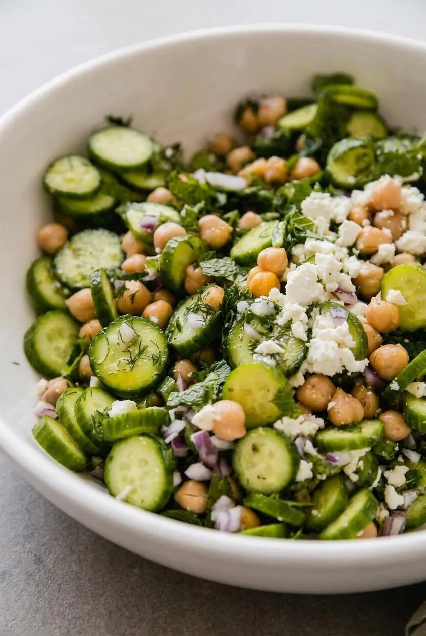 Macro view of thick Persian cucumber slices, plump chickpeas, and creamy feta coated in lemon vinaigrette.