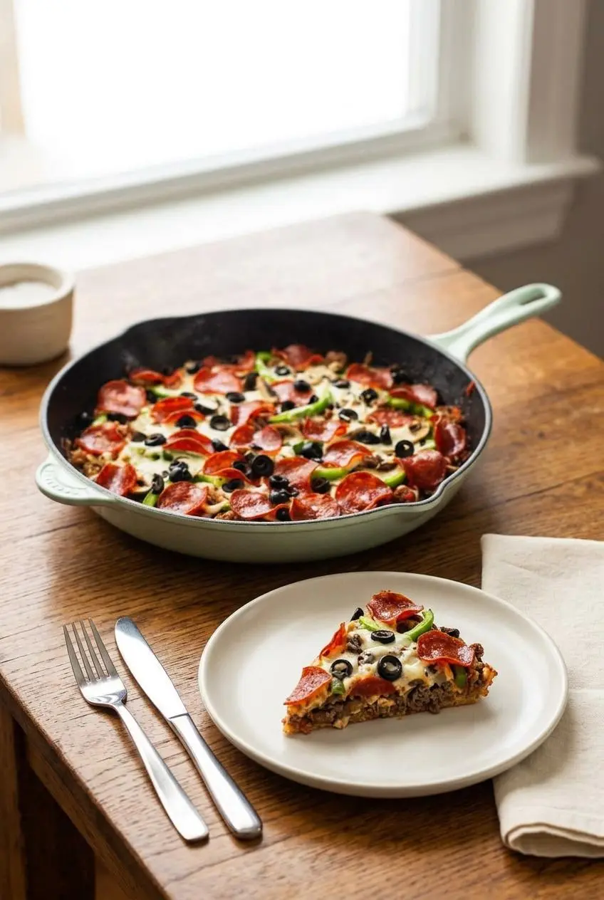 A slice of crustless pizza on a white ceramic plate next to the skillet, set on a warm oak dining table.