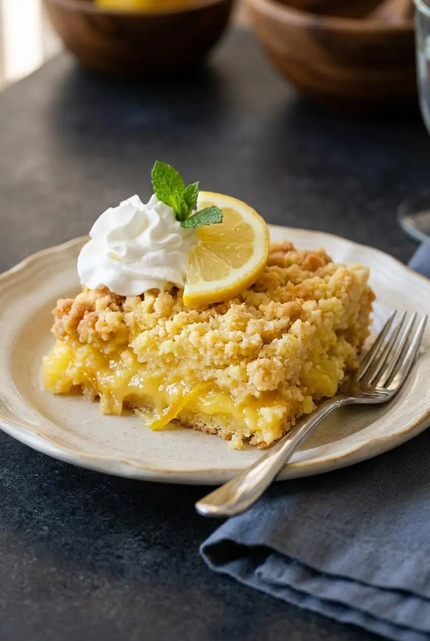 A slice of three-ingredient lemon dump cake with a fork on a rustic plate.